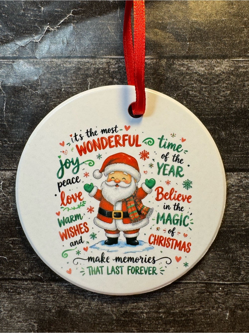 Santa The Most Wonderful Time Of Christmas Round Ceramic Holiday Ornament